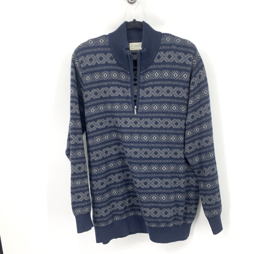 LL Bean Men Size Large Sweater 1/4 Zip Pullover Top Blue Gray Stripe Cotton Knit